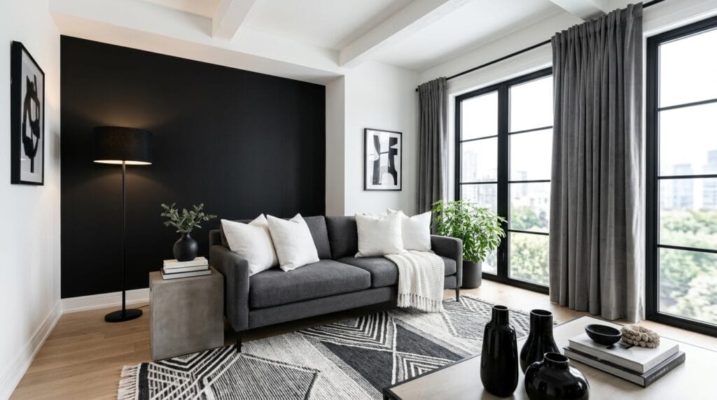 Salon noir blanc gris : idées déco pour un intérieur chic Salon moderne en noir blanc gris avec canapé anthracite et coussins blancs