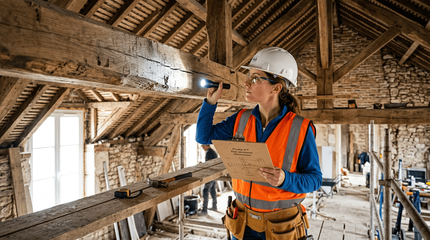 Ingénieur en gilet jaune inspectant une poutre en bois sur chantier de rénovation