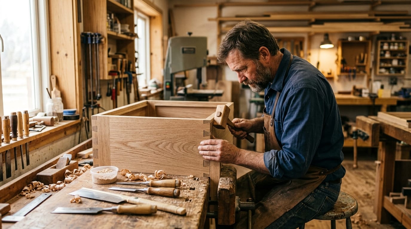 Artisan menuisier assemblant à la main un joint de meuble en chêne massif dans son atelier Artisan menuisier assemblant à la main un joint de meuble en chêne massif dans son atelier