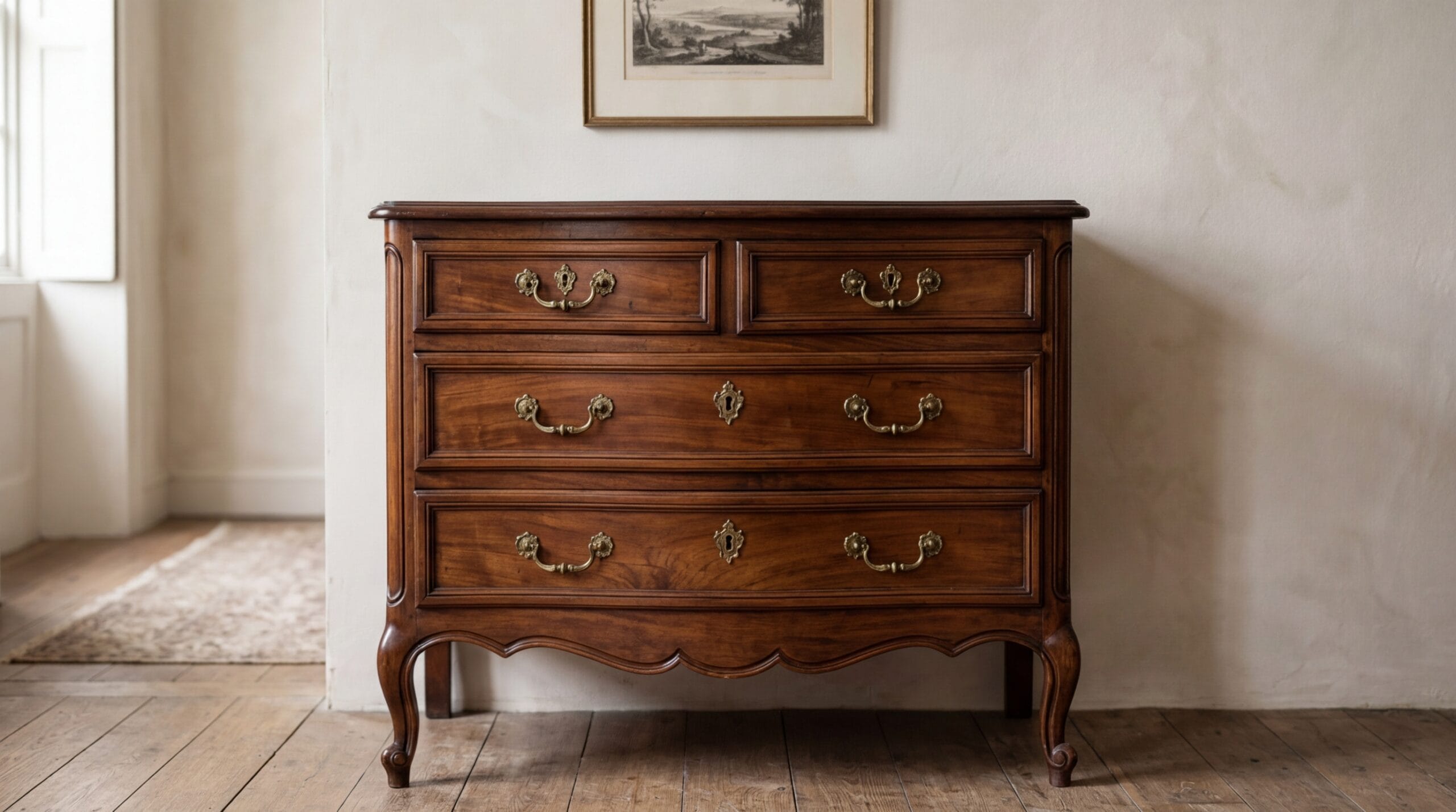 Commode Louis Philippe en acajou avec pieds galbés et poignées en laiton doré Commode Louis Philippe en acajou avec pieds galbés et poignées en laiton doré