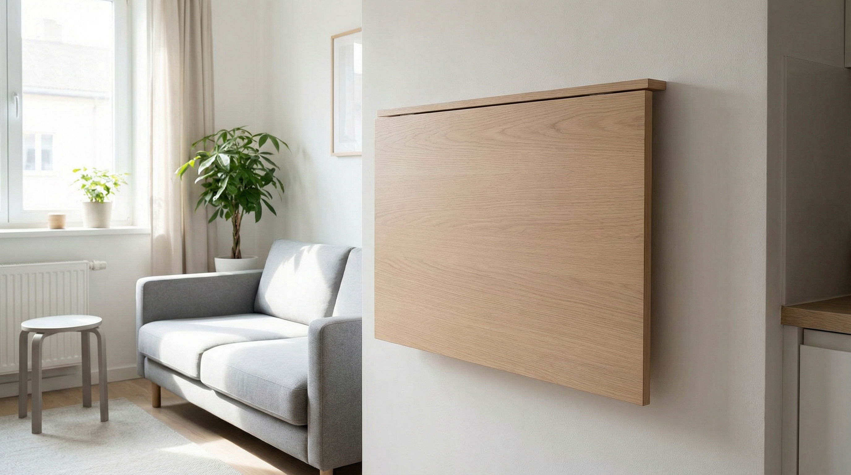 Table à rabat moderne dépliée dans un logement compact.