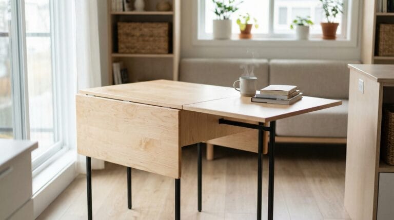 Table à rabat pratique pour logements compacts. Table à rabat offrant un réel gain de place.