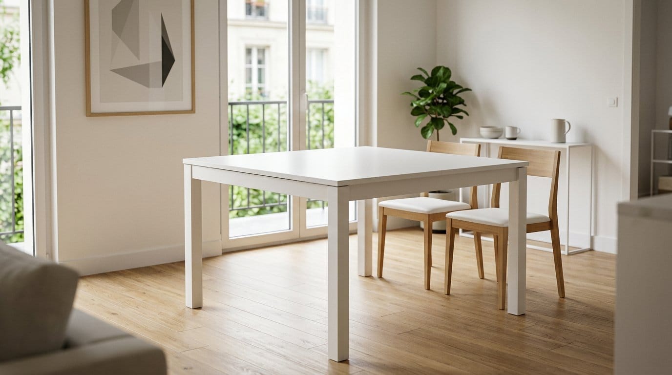 Table carrée extensible dans un décor minimaliste Table carrée extensible blanche dans un intérieur moderne