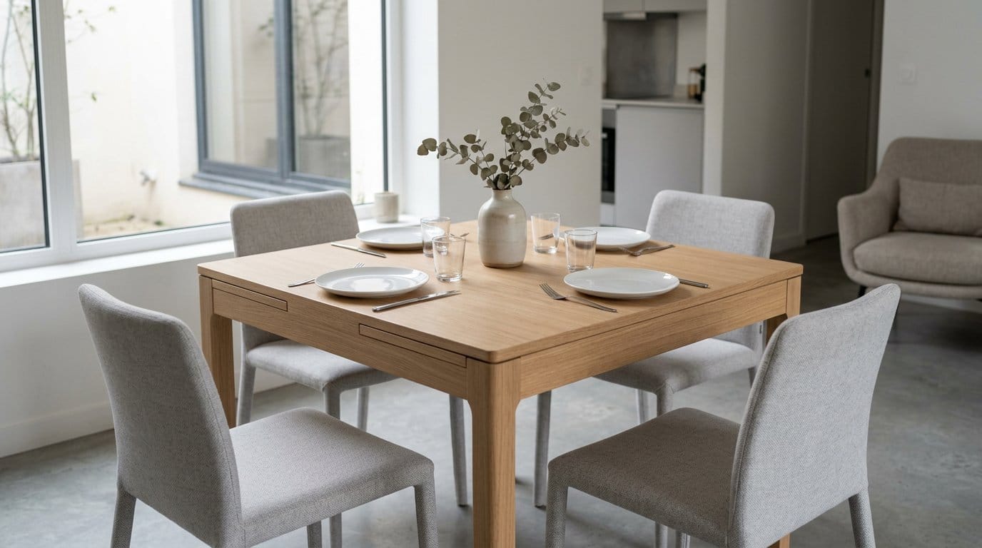 Table carrée extensible dans un salon contemporain Table carrée extensible dans un intérieur moderne