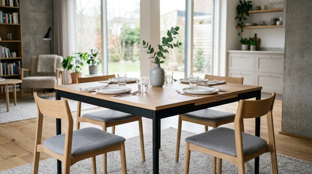 Table carrée extensible pour intérieur contemporain Table carrée extensible dans un intérieur moderne