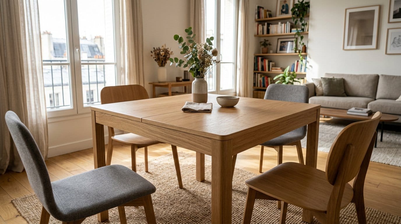 Table carrée extensible pour intérieur contemporain Table carrée extensible en bois dans un intérieur moderne