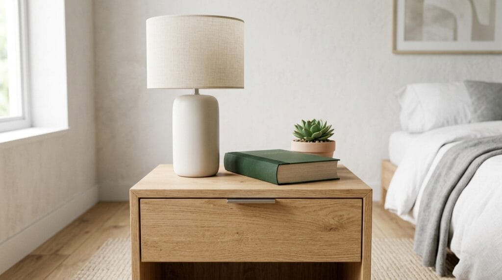 Table de chevet avec lampe et objets décoratifs