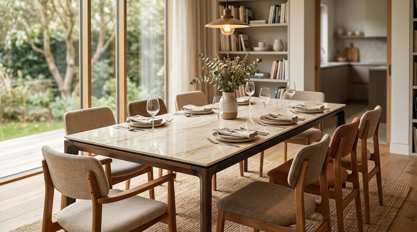 Grande table en céramique avec éléments en bois Grande table en céramique dans un décor chaleureux