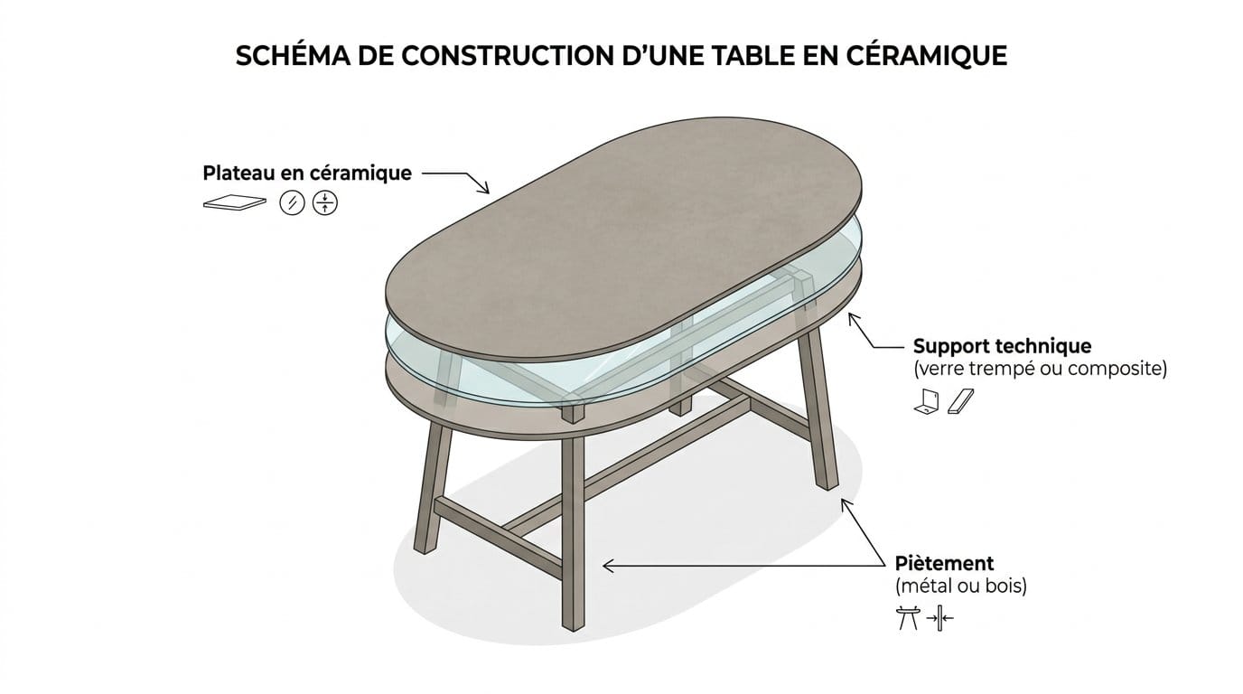 Schéma de construction d'une table en céramique moderne avec piètement en bois ou métal Schéma de construction d'une table en céramique moderne avec piètement en bois ou métal