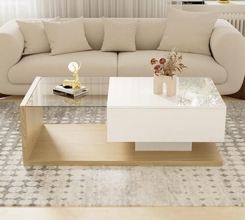 Table Basse LED Moderne en Bois et Verre