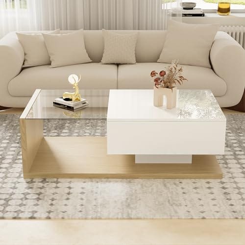Table Basse LED Moderne en Bois et Verre Table Basse LED Moderne en Bois et Verre