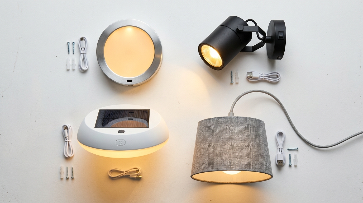 Quatre lampes autonomes pour plafond avec éclairage doré sur fond blanc Quatre lampes autonomes pour plafond avec éclairage doré sur fond blanc