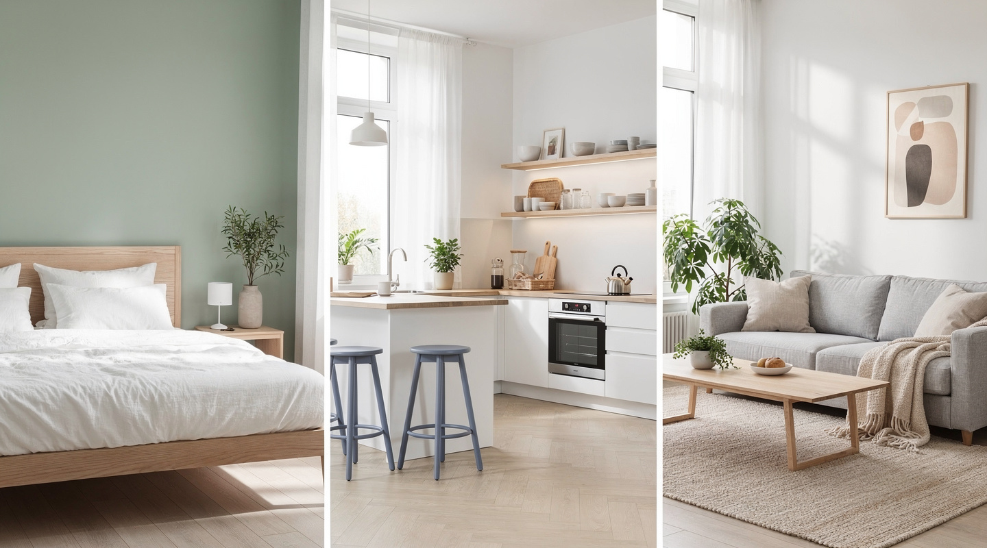 Triptyque de trois pièces décorées selon une palette de trois couleurs équilibrées style scandinave Triptyque de trois pièces décorées selon une palette de trois couleurs équilibrées style scandinave
