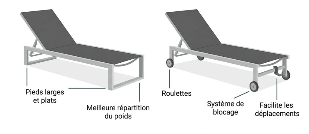 Chaise longue extérieure avec pieds larges et roulettes