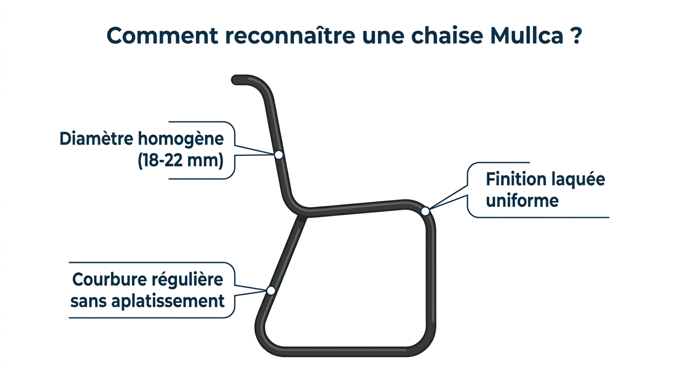 Détails des tubes d'une chaise Mullca authentique Chaise Mullca avec tube homogène et courbure pour éviter les contrefaçons