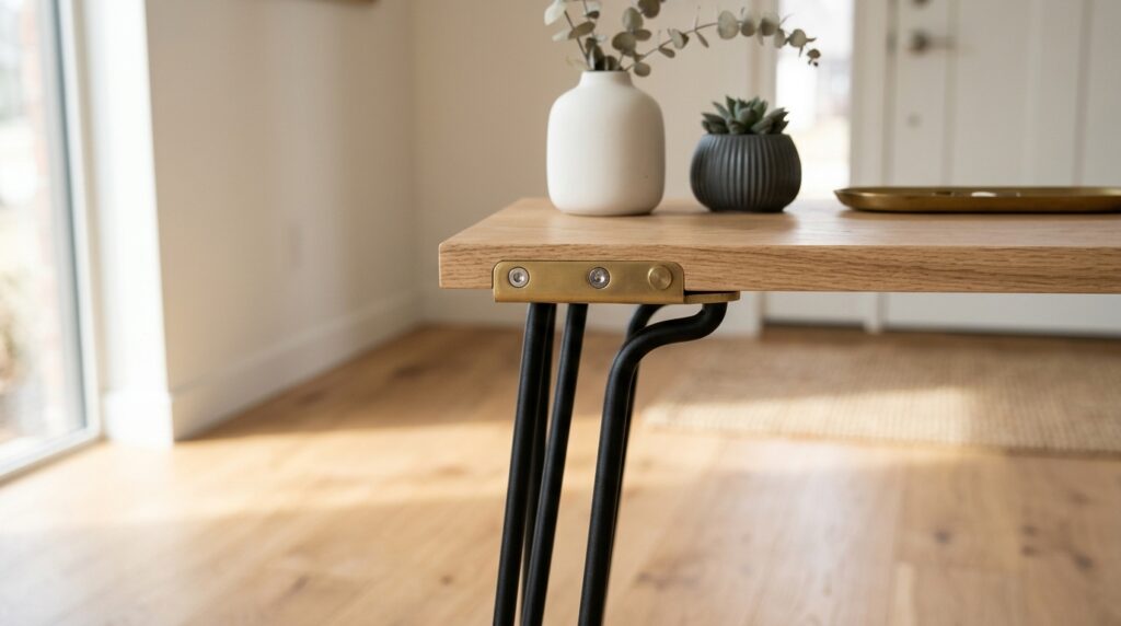 Console d'entrée moderne avec pieds épingles en métal noir mat sur parquet chêne clair Changer les pieds d'une console d'entrée pour créer un meuble unique