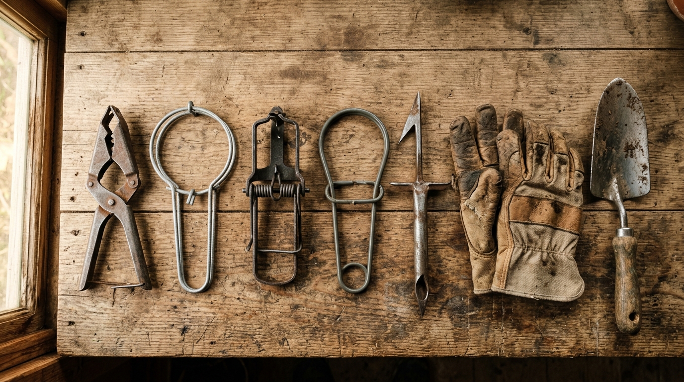 Plusieurs types de pièges à taupe en métal disposés sur un établi en bois avec des gants de jardinage Plusieurs types de pièges à taupe en métal disposés sur un établi en bois avec des gants de jardinage