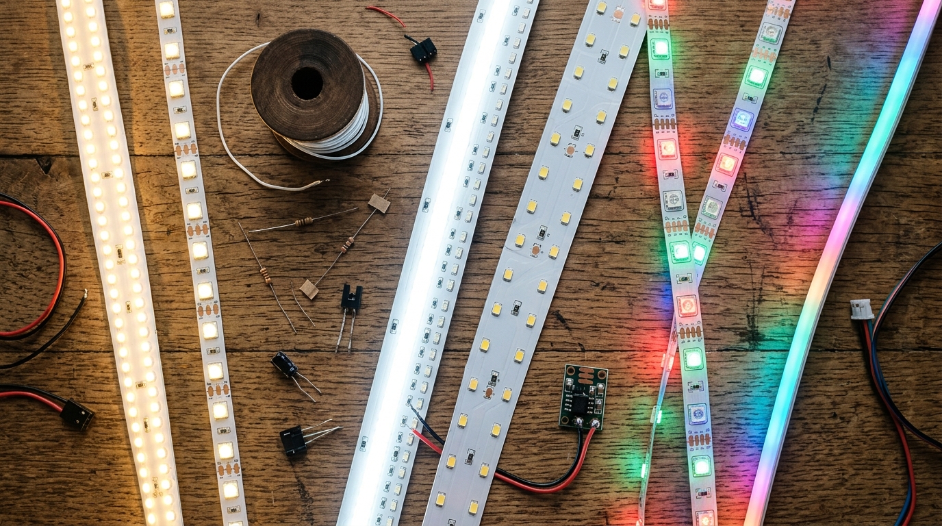 Plusieurs rubans LED de types et densités différents posés sur une surface en bois Plusieurs rubans LED de types et densités différents posés sur une surface en bois