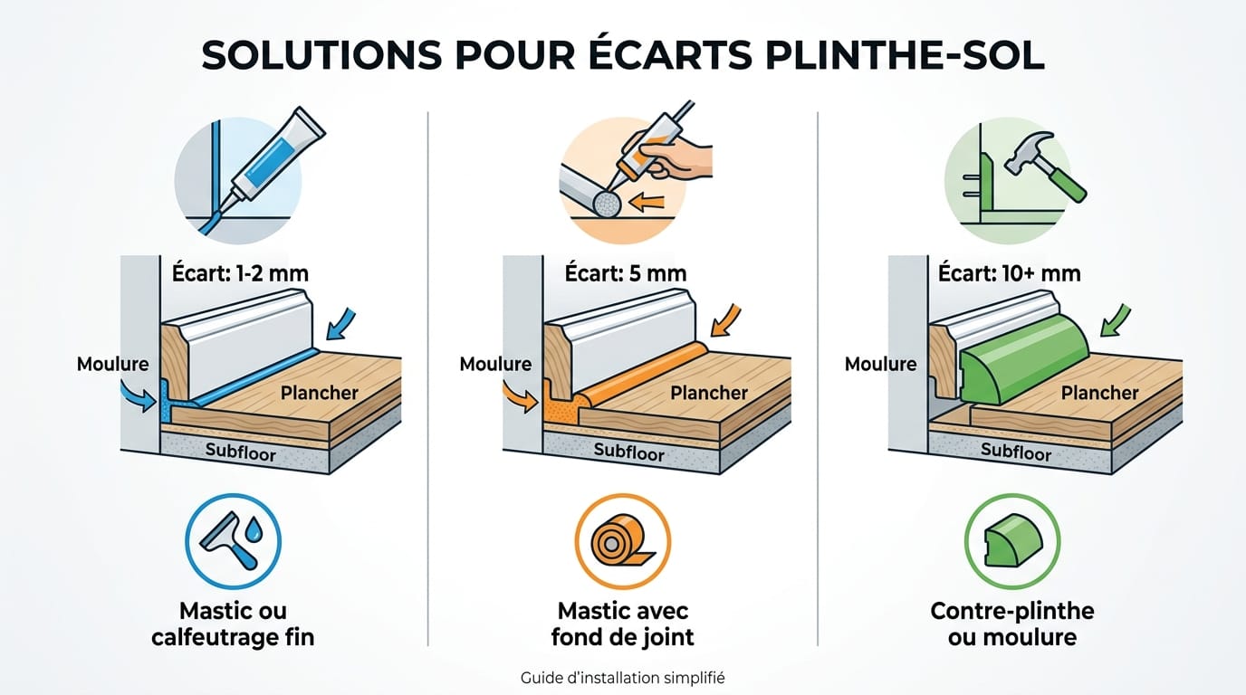 Schéma comparatif de trois tailles d'espaces entre plinthe et sol avec solutions adaptées Schéma comparatif de trois tailles d'espaces entre plinthe et sol avec solutions adaptées