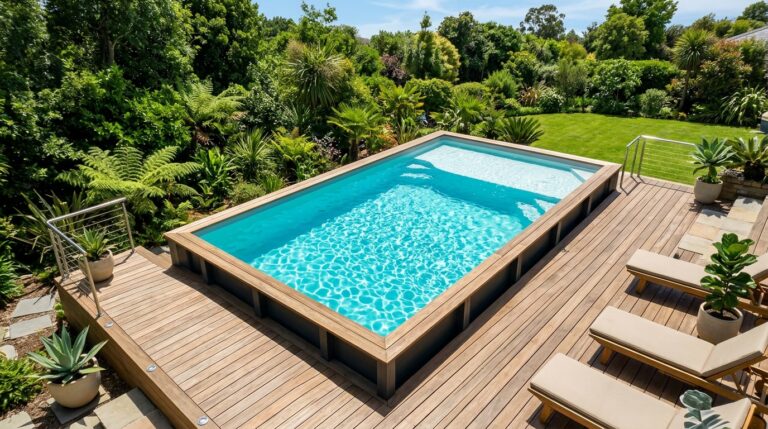 Piscine hors sol avec plage immergée en bois vue du dessus dans jardin verdoyant