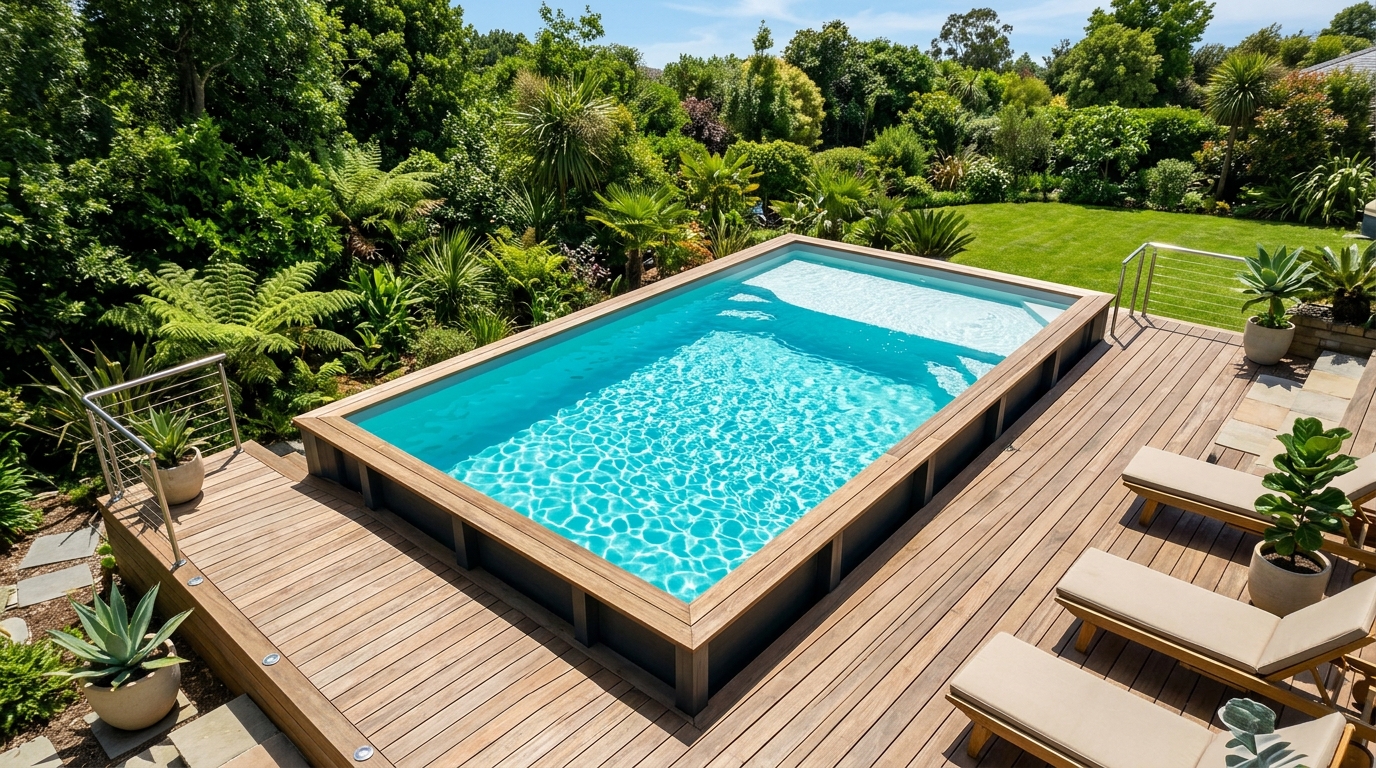 Piscine hors sol avec plage immergée en bois vue du dessus dans jardin verdoyant