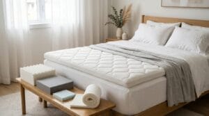 Surmatelas blanc moelleux choisi sur un lit avec échantillons de mousse à côté