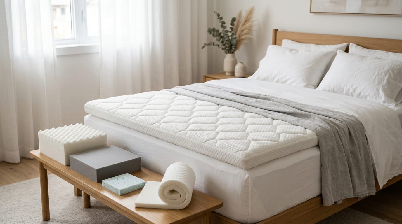 Surmatelas blanc moelleux choisi sur un lit avec échantillons de mousse à côté