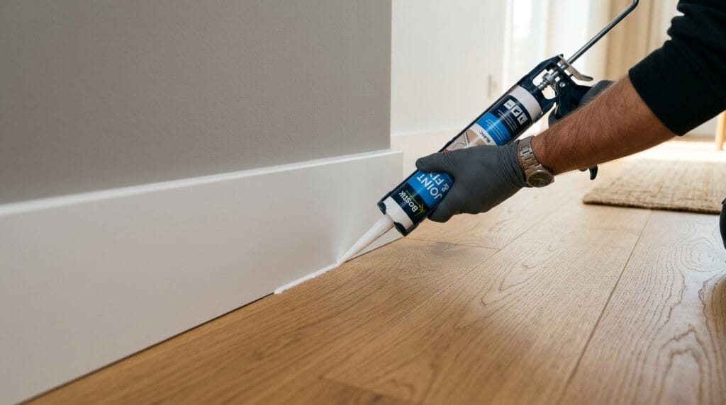 Comment combler l’espace entre une plinthe et le parquet ? Mains comblant l’espace entre une plinthe et un parquet