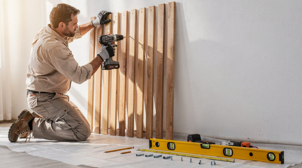 Comment fixer un panneau au mur avec des tasseau en bois ? Artisan fixant des tasseaux verticaux en bois sur un mur blanc avec perceuse