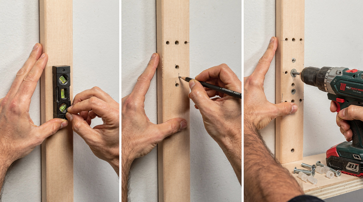 Personne alignant un tasseau vertical au mur et le fixant à la perceuse Personne alignant un tasseau vertical au mur et le fixant à la perceuse