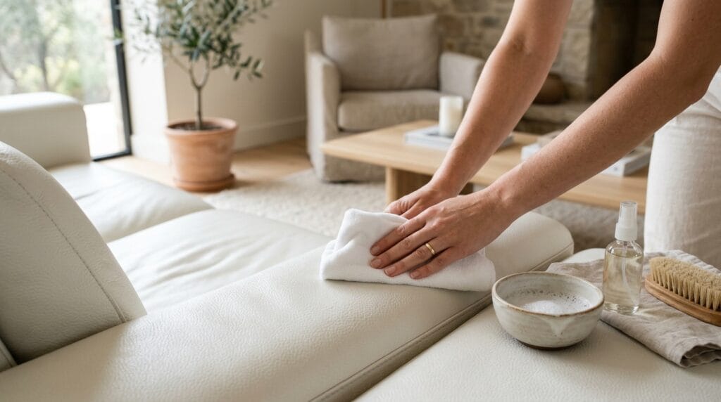 Comment nettoyer un canapé en cuir blanc ? Canapé en cuir blanc nettoyé avec un chiffon microfibre et de l'eau savonneuse