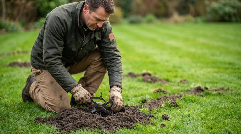 Jardinier posant un piège à taupe métallique dans une taupinière sur pelouse verte