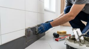 Carreleur posant une plinthe en céramique contre un mur blanc avec truelle et colle à carrelage