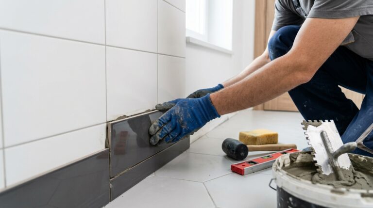 Carreleur posant une plinthe en céramique contre un mur blanc avec truelle et colle à carrelage