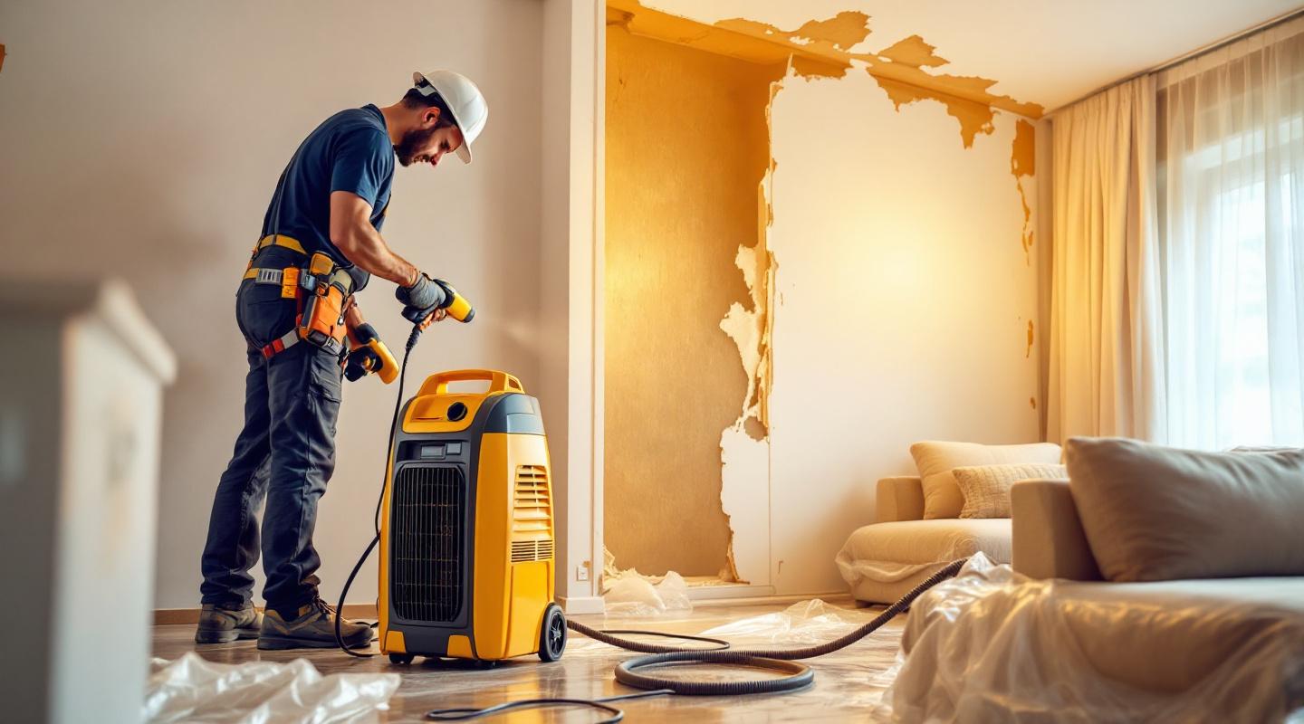Personne en vêtements de travail utilisant un déshumidificateur électrique devant un mur abîmé Personne en vêtements de travail utilisant un déshumidificateur électrique devant un mur abîmé