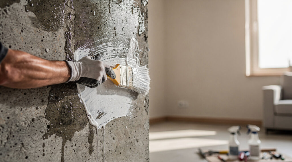 Comment sécher un mur trop humide ? Entrepreneur appliquant un produit d'étanchéité blanc sur un mur humide avec une brosse