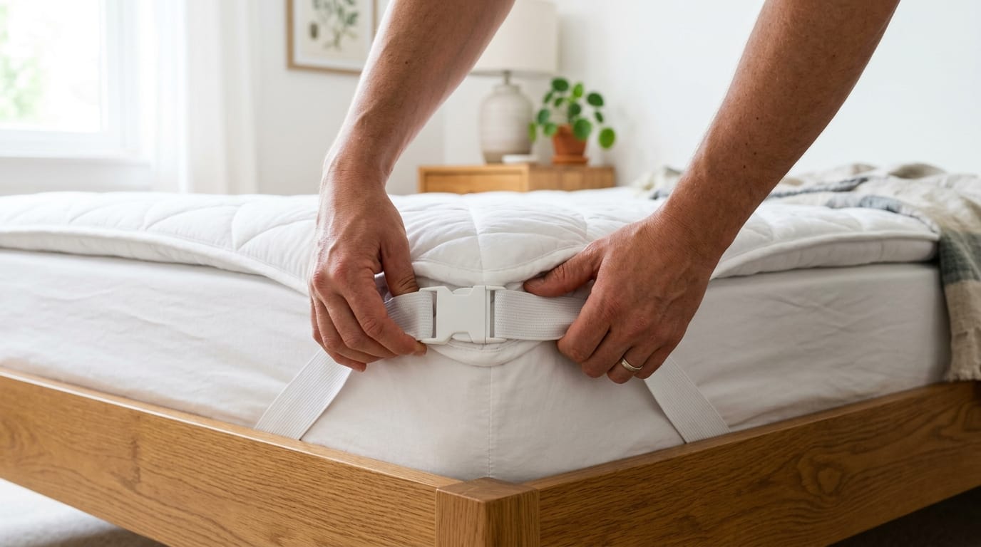 Mains fixant les coins élastiques d'un surmatelas blanc sur un cadre de lit