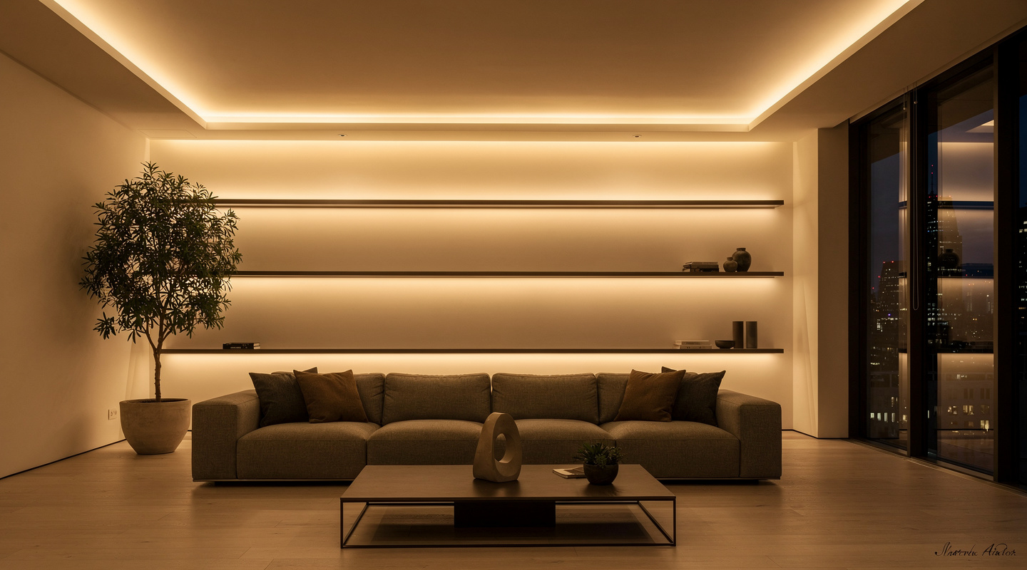 Éclairage indirect LED doré encastré dans faux plafond et étagère murale salon Éclairage indirect LED doré encastré dans faux plafond et étagère murale salon