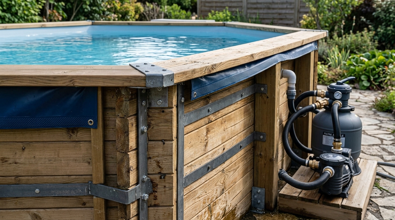 Détail en gros plan d'une piscine hors-sol en bois avec pompe de filtration et liner Détail en gros plan d'une piscine hors-sol en bois avec pompe de filtration et liner
