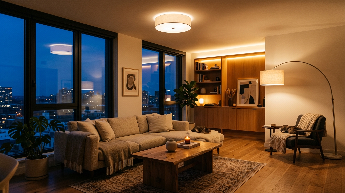 Salon moderne au crépuscule avec lampadaire chaud, éclairage plafond et bandeau lumineux LED ambiant Salon moderne au crépuscule avec lampadaire LED chaud, éclairage plafond et bandeau lumineux ambiant