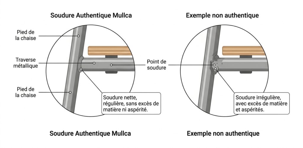 Analyse des soudures d'une chaise Mullca Détails des soudures sur une chaise Mullca