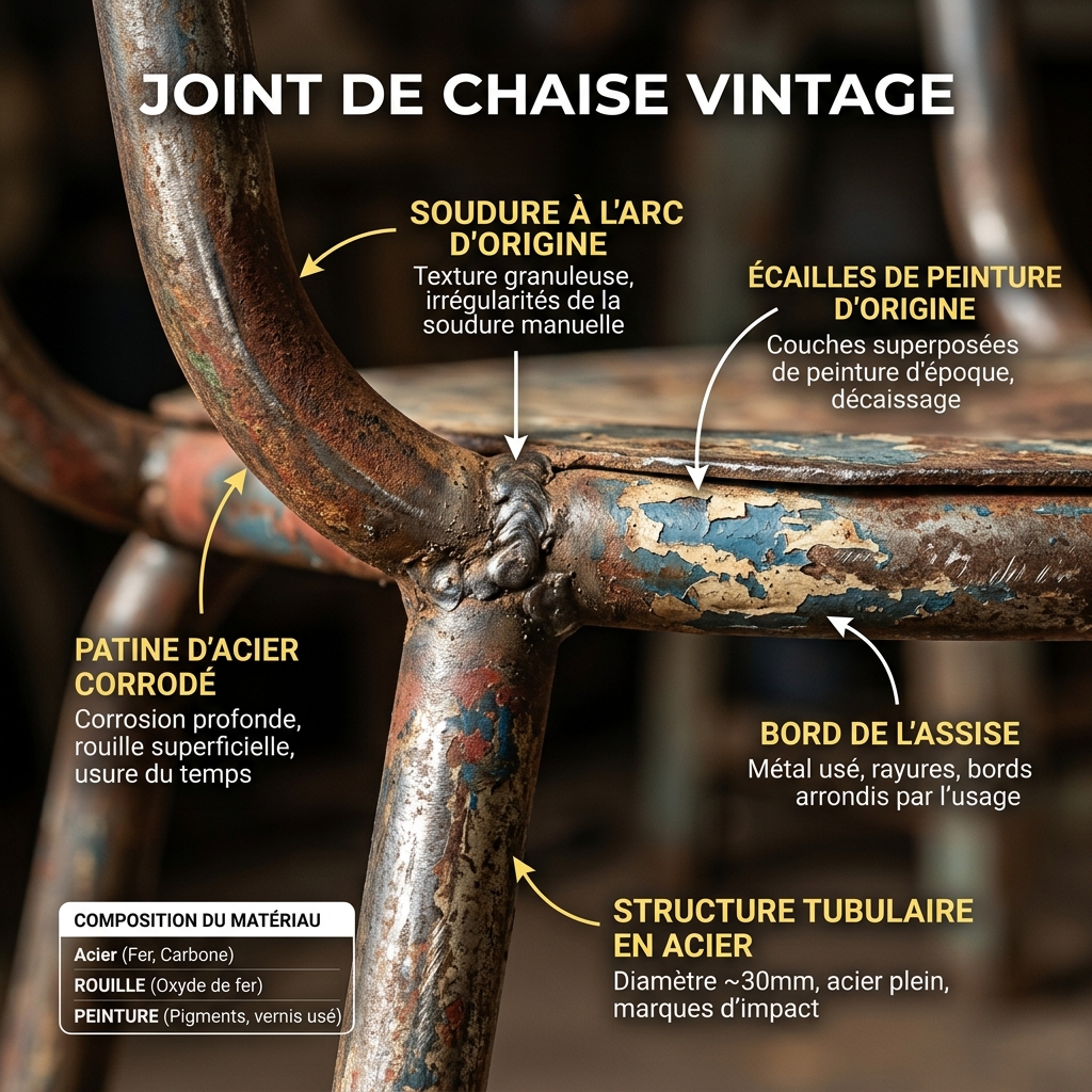Détail macro d'une soudure et patine d'origine sur une chaise Mullca vintage en métal Détail macro d'une soudure et patine d'origine sur une chaise Mullca vintage en métal