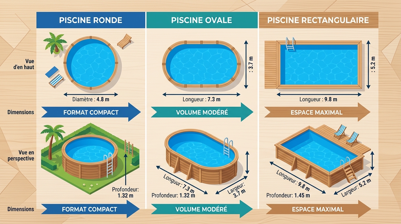 Schéma comparatif de trois formes et dimensions de piscines hors-sol en vue aérienne et perspective Schéma comparatif de trois formes et dimensions de piscines hors-sol en vue aérienne et perspective