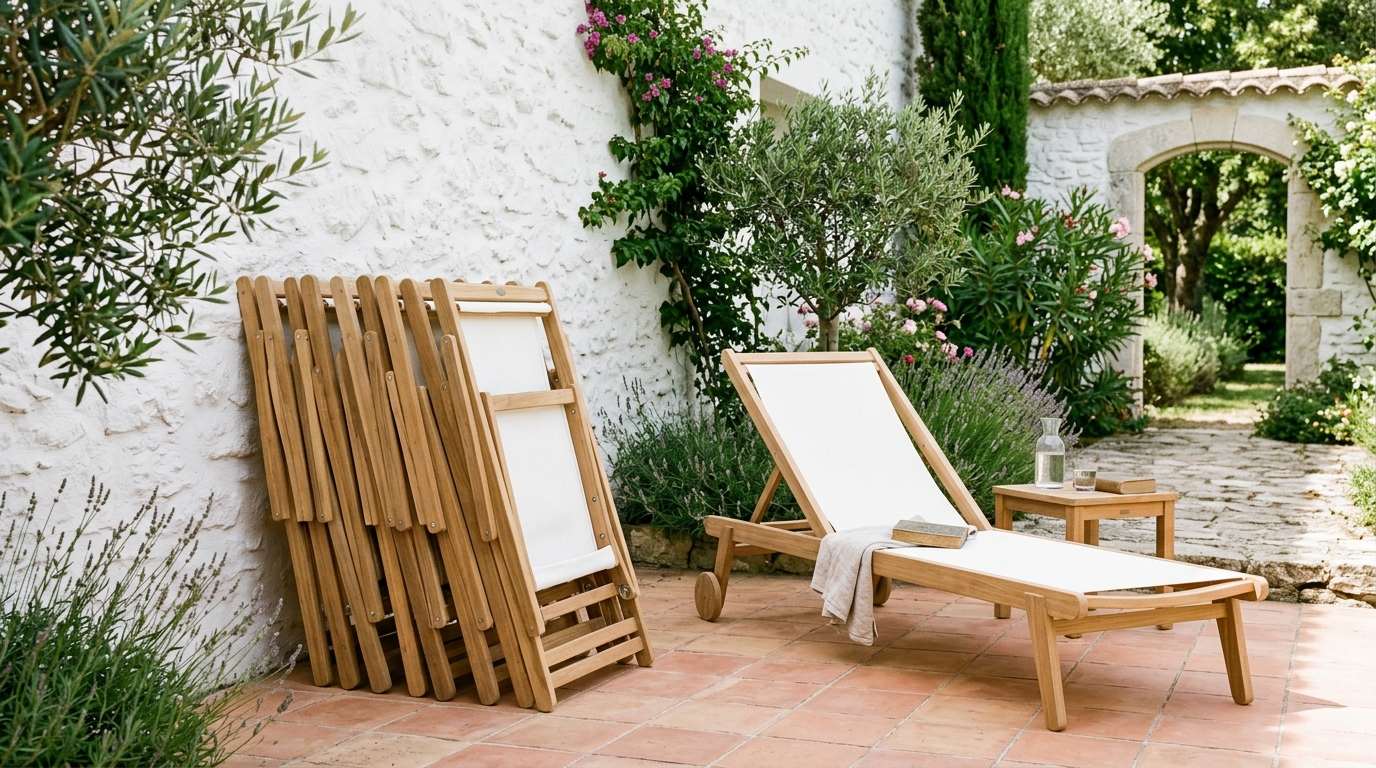 Chaises longues pliées empilées contre un mur blanc à côté d'une chaise dépliée