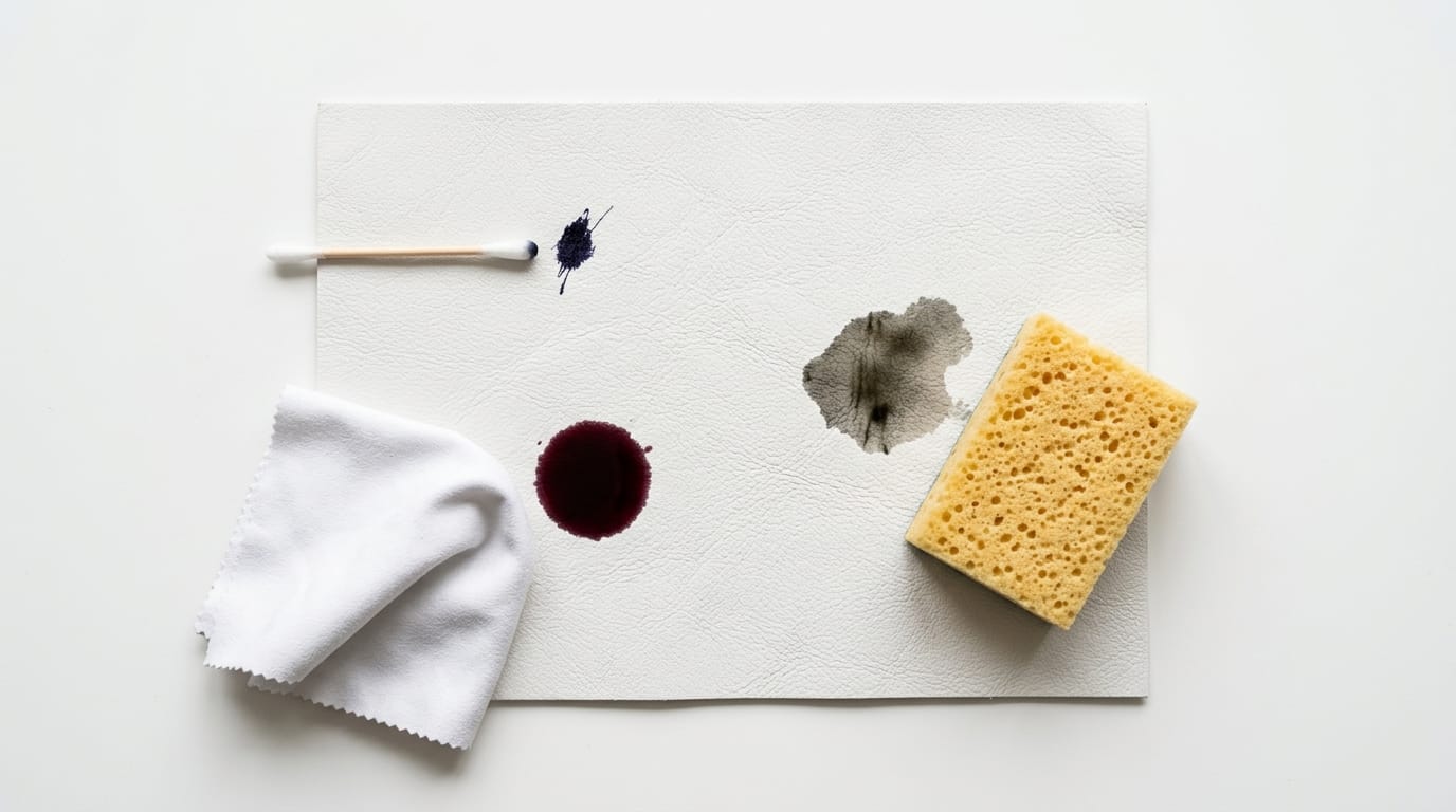 Surface en cuir blanc avec taches d'encre, d'huile et de vin rouge et outils nettoyants Surface en cuir blanc avec taches d'encre, d'huile et de vin rouge et outils nettoyants