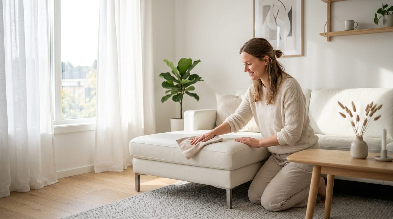 Personne qui astique un canapé en cuir blanc avec un chiffon doux dans un salon scandinave lumineux Personne qui astique un canapé en cuir blanc avec un chiffon doux dans un salon scandinave lumineux
