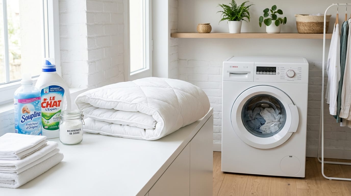 Surmatelas blanc plié soigneusement posé près d'un lave-linge avec produits lavants