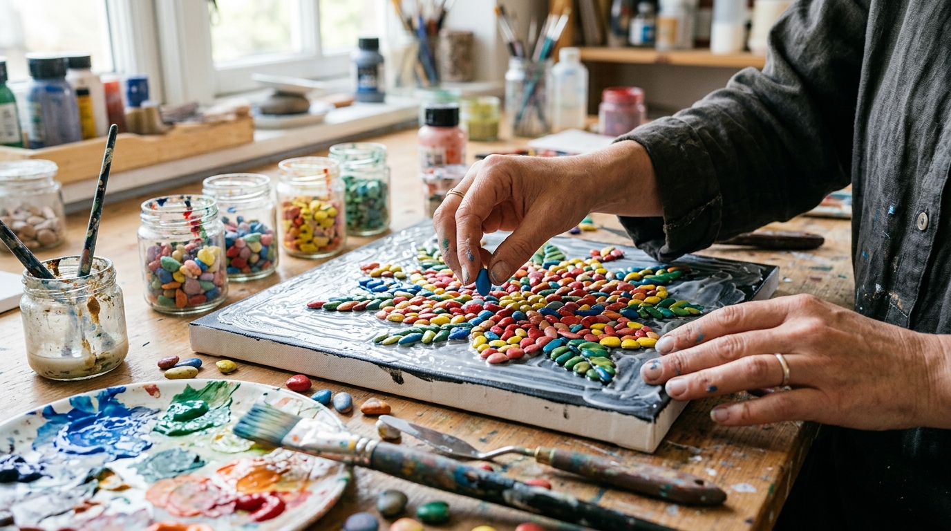 Mains disposant des galets peints colorés sur une toile encollée en motif floral
