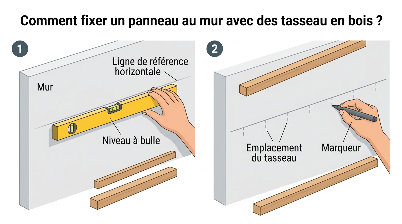 Fixation d'un panneau sur un mur avec des tasseaux en bois