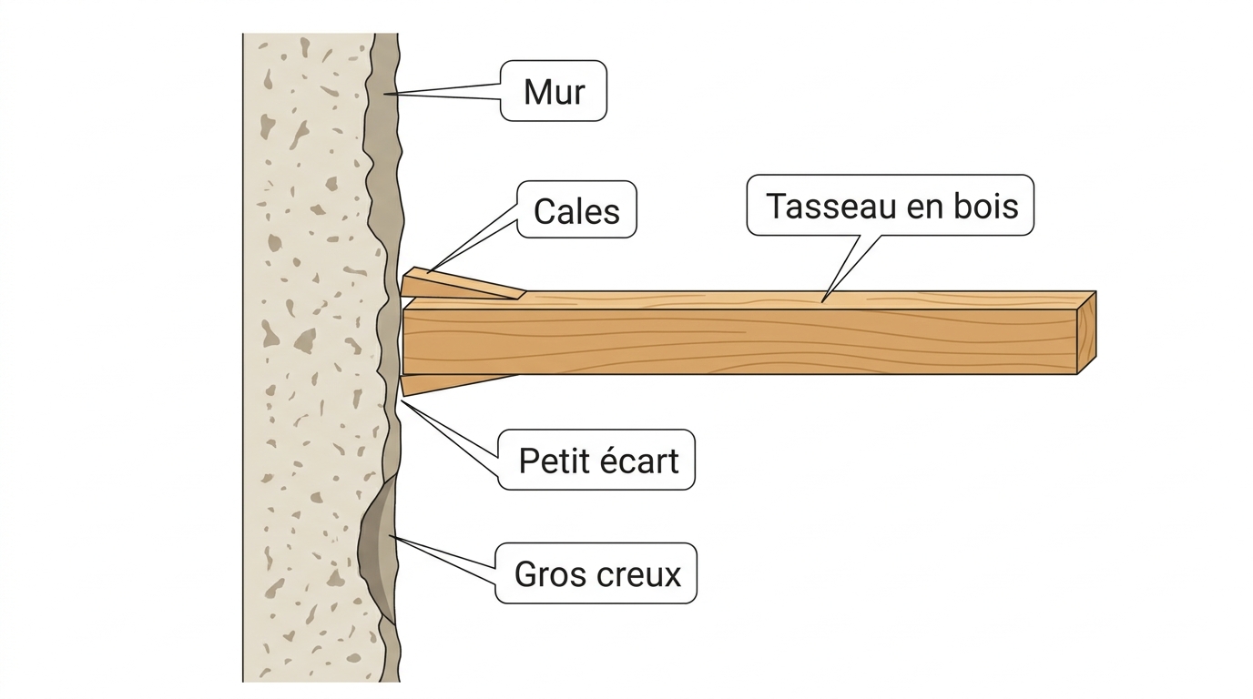 Adapter la planéité et l’état du support pour les tasseaux sur le mur Adapter la planéité et l’état du support pour les tasseaux sur le mur